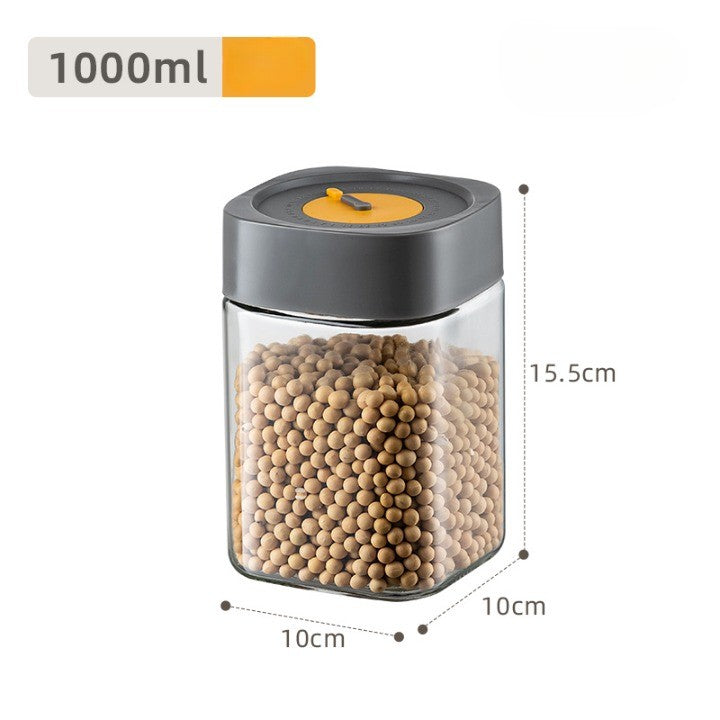 Borcan Alimentar din sticla cu Capac Vid, Vivimall, 1000 ml, Inchidere Ermetica pentru Orice Tip de Produse, Design Patrat, 10 x 10 x 15.5 cm, Transparenta cu Capac Gri - vivimall.ro