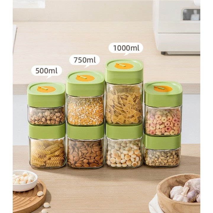 Borcan Alimentar din sticla cu Capac Vid, Vivimall, 1000 ml, Inchidere Ermetica pentru Orice Tip de Produse, Design Patrat, 10 x 10 x 15.5 cm, Transparenta cu Capac Verde - vivimall.ro