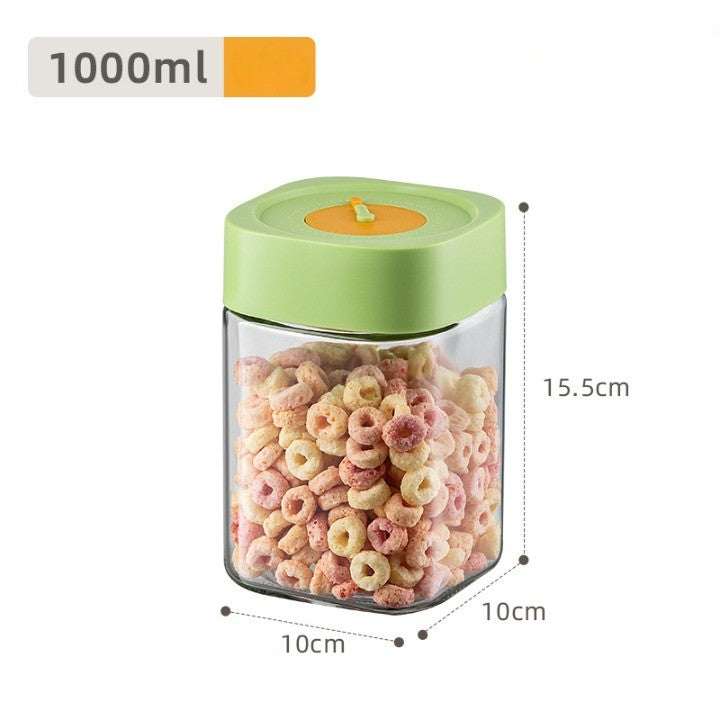 Borcan Alimentar din sticla cu Capac Vid, Vivimall, 1000 ml, Inchidere Ermetica pentru Orice Tip de Produse, Design Patrat, 10 x 10 x 15.5 cm, Transparenta cu Capac Verde - vivimall.ro