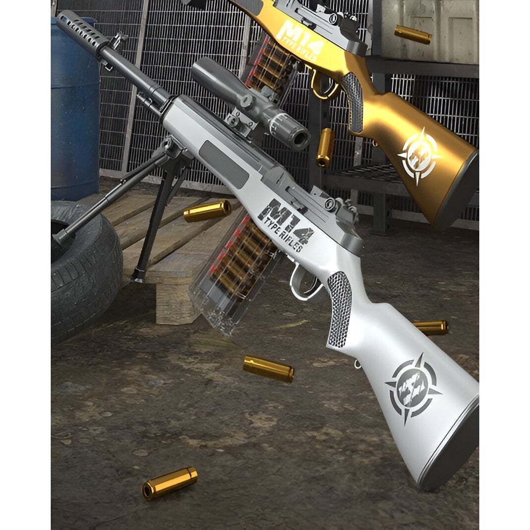 Pusca de Jucarie M14 Ultrarealista, Vivimall, Manuala, cu Luneta, 20 de Proiectile din Spuma Moale, 5 Cartuse, 100 cm, 8 ani+, Gri - vivimall.ro