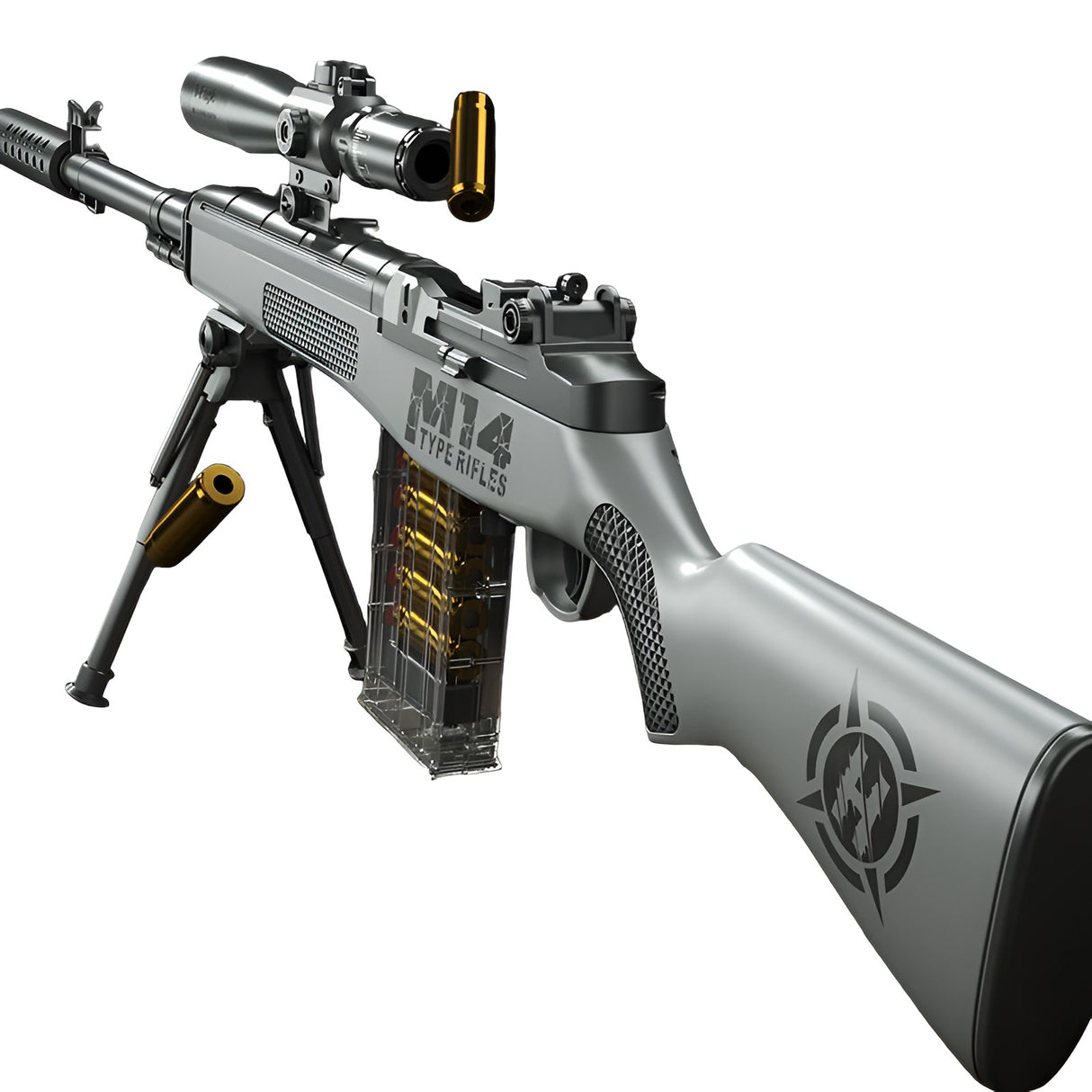 Pusca de Jucarie M14 Ultrarealista, Vivimall, Manuala, cu Luneta, 20 de Proiectile din Spuma Moale, 5 Cartuse, 100 cm, 8 ani+, Gri - vivimall.ro