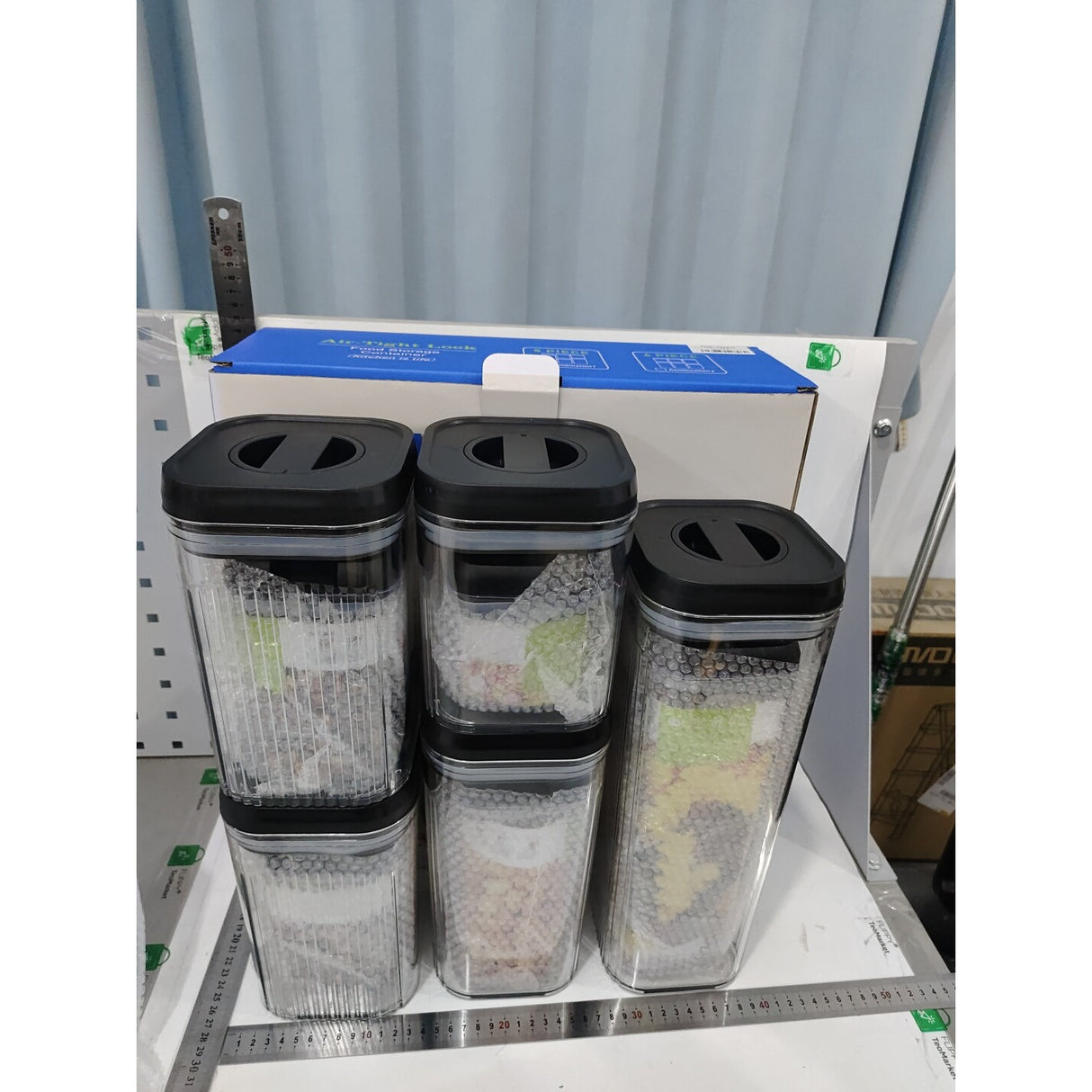 Cutii de Depozitare Alimente, Vivimall, Set din 10 Cutii de tip Container, Recipiente pentru Cereale in Bucatarie, Transparente cu Capac Negru - vivimall.ro