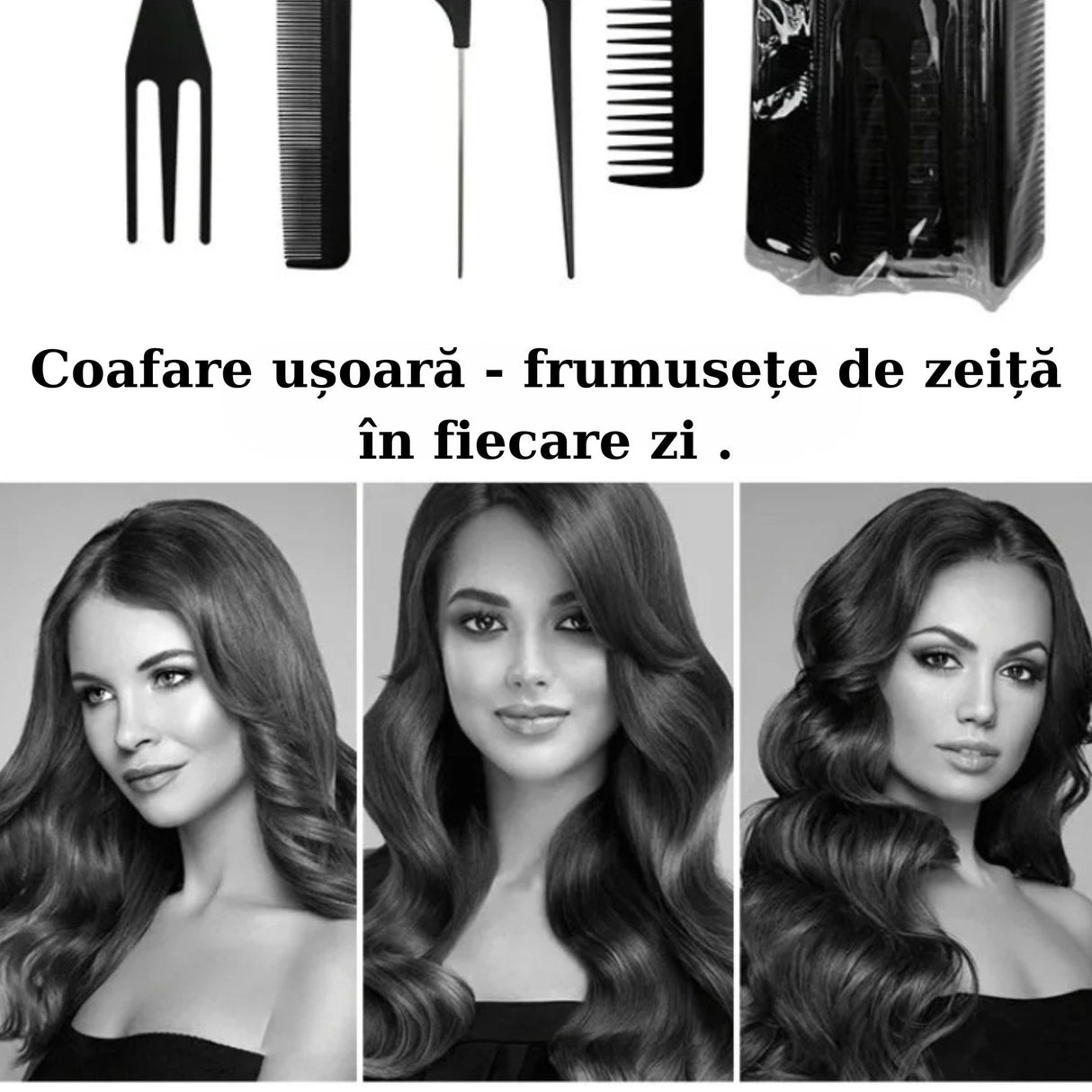 Set piepteni profesionali pentru coafat, Flippy, 10 bucati, PP + Otel inoxidabil, 18,5–22 cm, Rezistenti la caldura, Negru - vivimall.ro