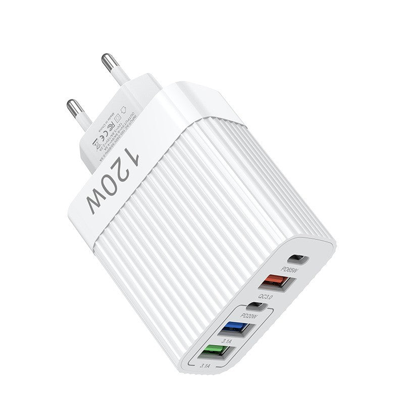 Încărcător rețea 120W cu 3 USB-A și 2 Type-C Power Delivery, vedere frontală, culoare albă