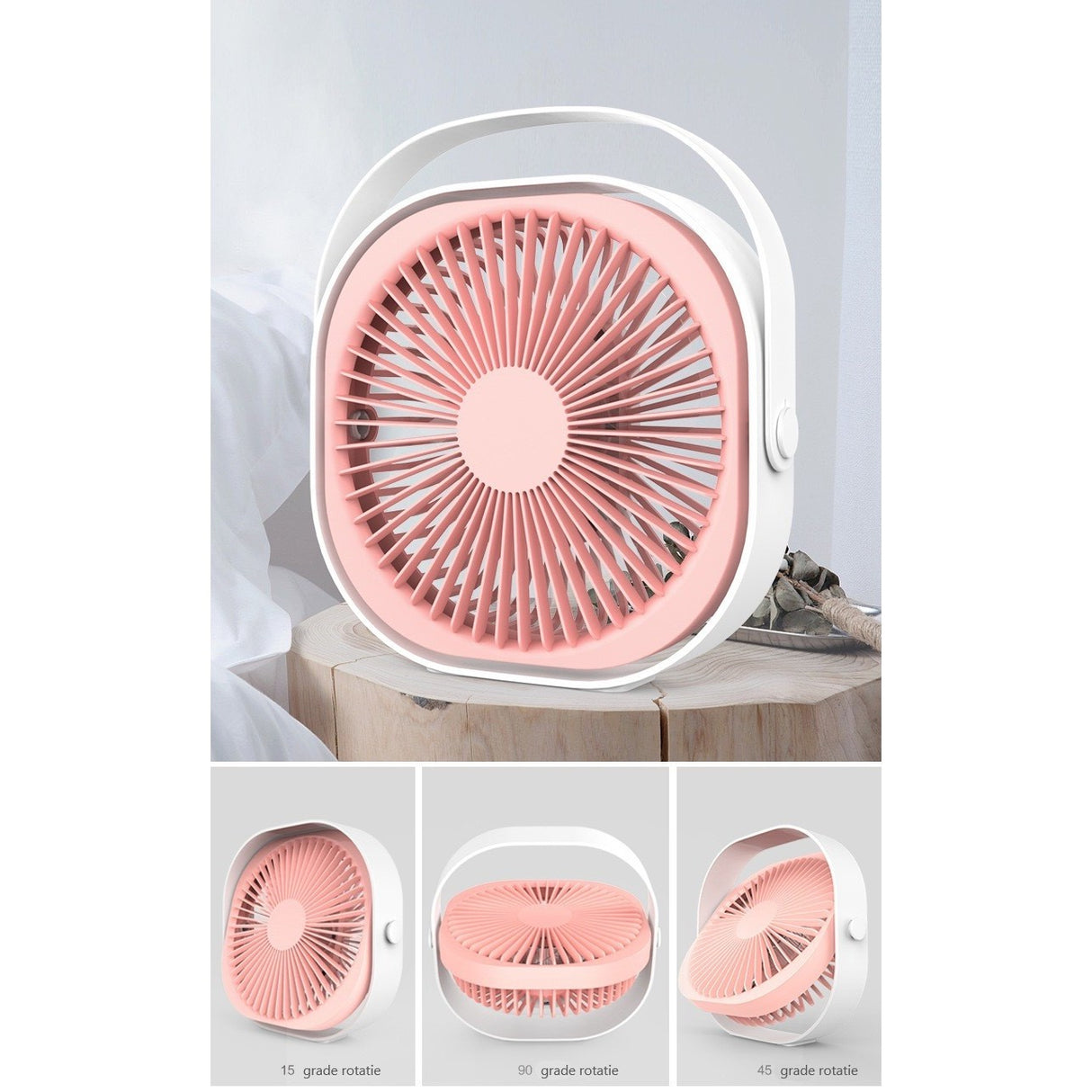 Mini ventilator pentru birou cu usb, Vivimall, rotire 360 grade, 3 viteze, 1500 mA, 13.5 x 12,8, Roz - vivimall.ro