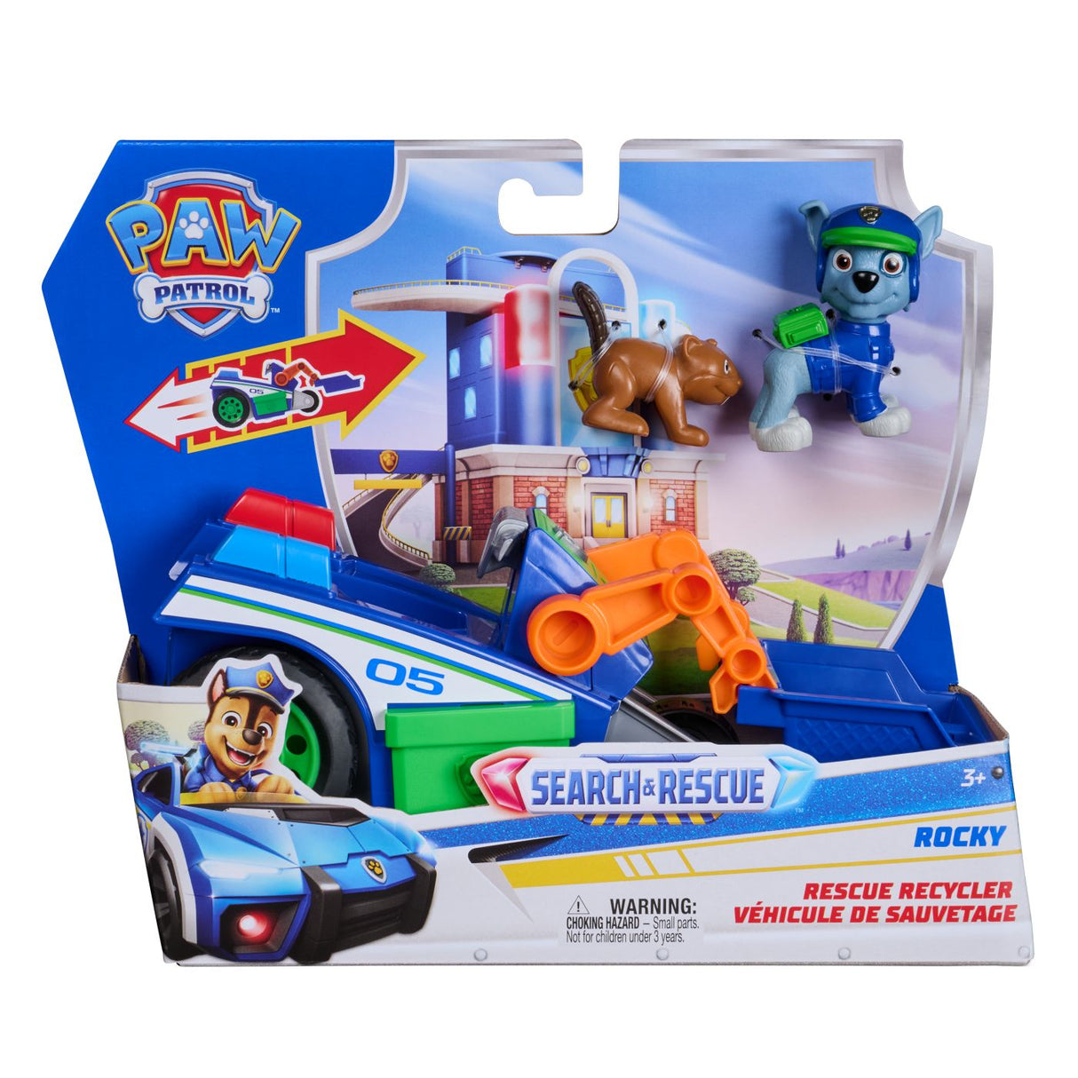 PATRULA CATELUSILOR CAUTARE SI SALVARE SET FIGURINA ROCKY SI VEHICUL DE RECICLARE