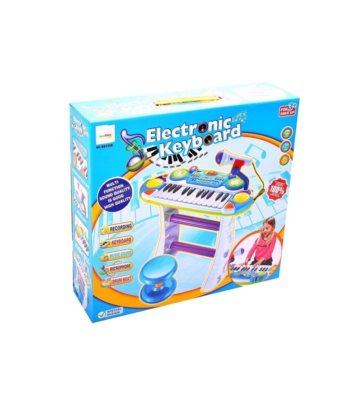 INSTRUMENT MUZICAL PIANINA ELECTRONICA MALPLAY CU SCAUN SI MICROFON 45 CM INALTIME ALBASTRU