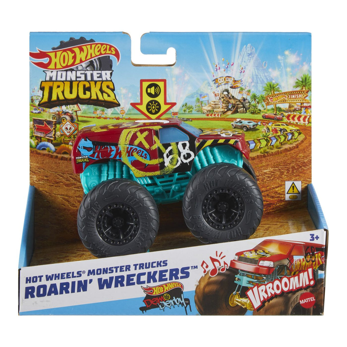 HOT WHEELS MONSTER TRUCK ROARIN WRECKERS DEMO DERBY CU FUNCTII SI SUNETE SCARA 1:43