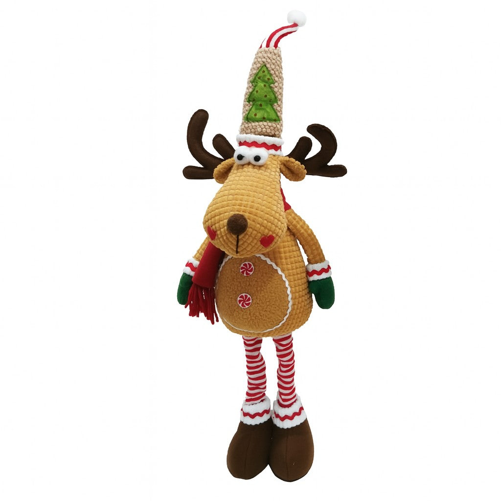 Figurină Crăciun ren textil maro deschis cu picioare extensibile 63 cm, detalii festive pluș și eșarfă roșie