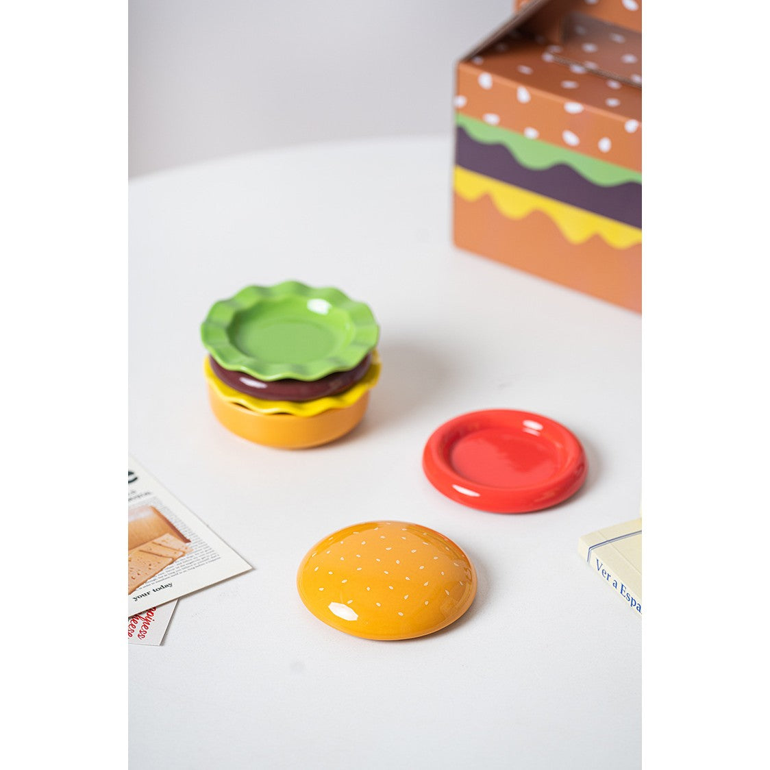 Set Farfurii Ceramice sub Forma de Burger, din Ceramica, pentru Sosuri si Gustari, Mini Farfurii Stivuibile, Multicolor - vivimall.ro