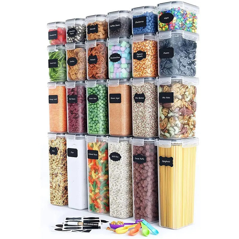 Cutii de depozitare alimente, Vivimall, Set din 24 Cutii pentru Condimente, Cereale, Cutii pentru Bucatarie, din Plastic PP, Cutii Alimentare, Diferite Dimensiuni, Transparente - vivimall.ro