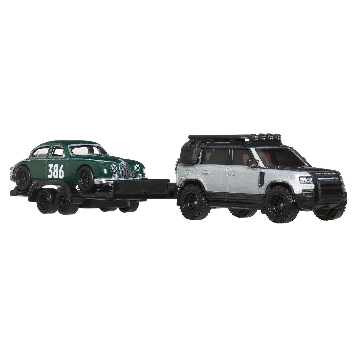 HOT WHEELS TRANSPORTATOR LAND ROVER DEFENDER 110 2023 CU MASINUTA JAGUAR MK1 SCARA 1 LA 64