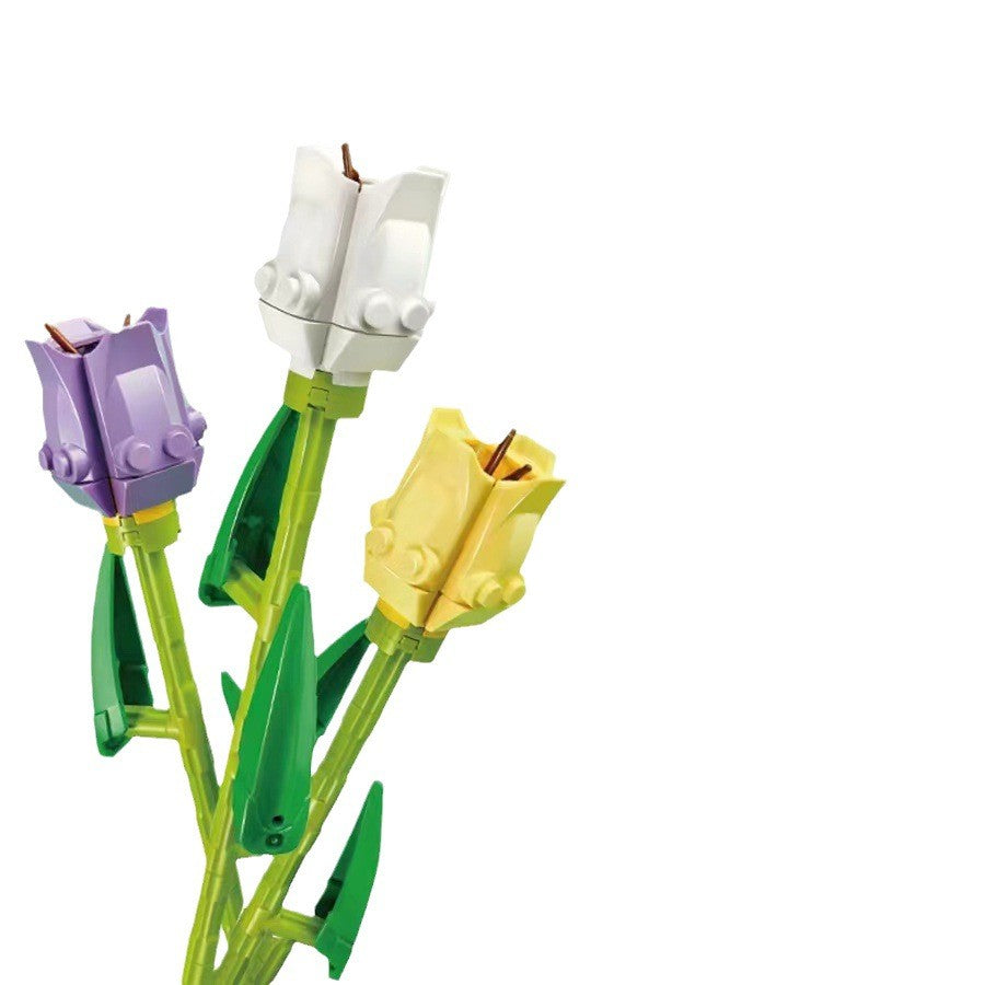 Set de Constructie 3 Lalele, Vivimall, 24cm Lungime, Ornament Floral, 111 Piese, 6 Ani, Mov-Alb-Galben - vivimall.ro