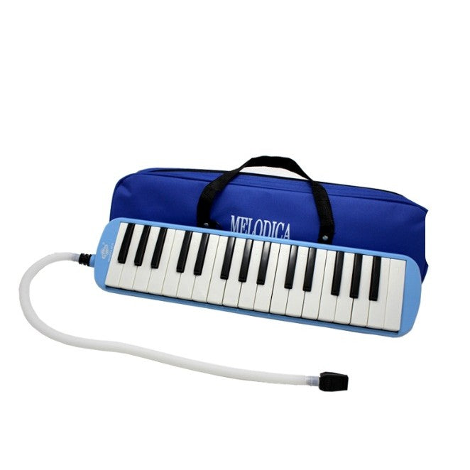 Melodică albastră din ABS ecologic, detaliu maner și orificiu suflator ergonomic