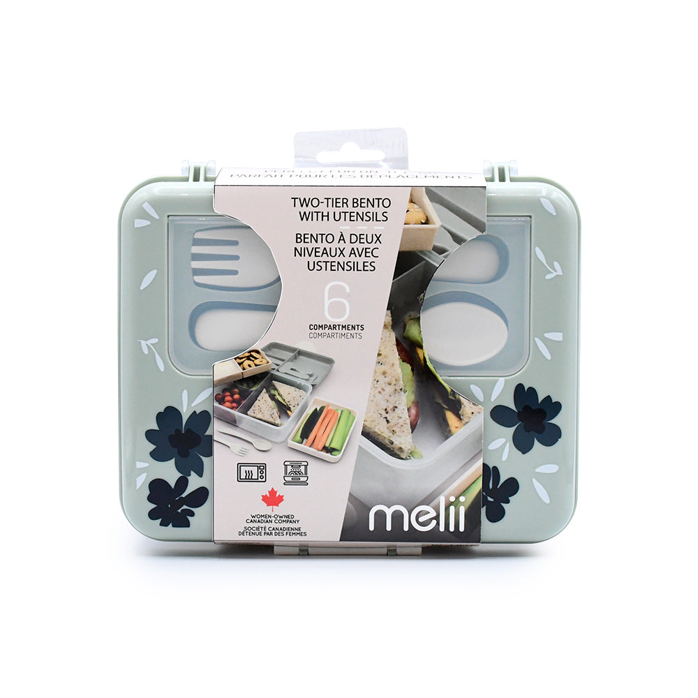 CUTIE PRANZ BENTO 2 NIVELE CU TACAMURI MELII FLORI ALBASTRE