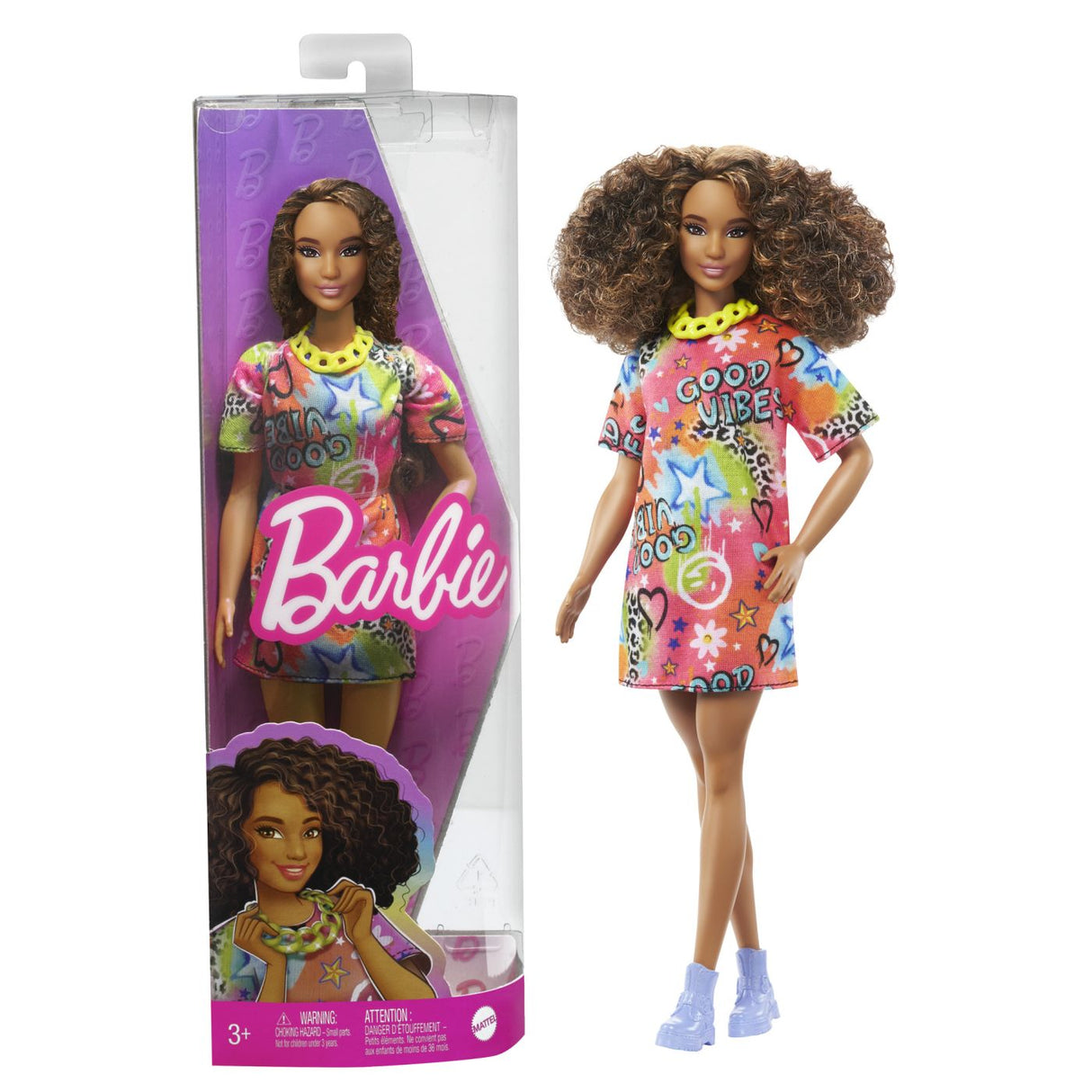 PAPUSA BARBIE FASHIONISTA SATENA CU ROCHIE CU IMPRIMEU GOOD VIBES