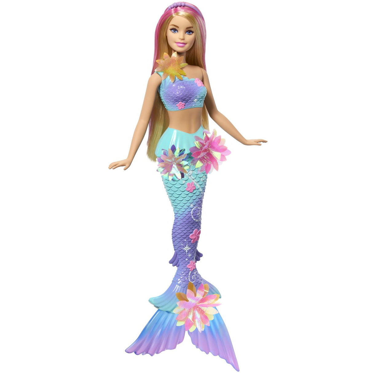 BARBIE PAPUSA SIRENA FLOARE MAGICA CU PAR BLOND SI COADA ALBASTRA