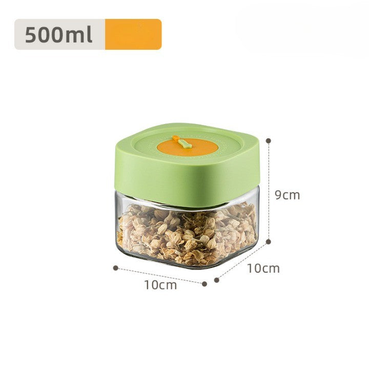 Borcan Alimentar din sticla cu Capac Vid, Vivimall, 500 ml, Inchidere Ermetica pentru Orice Tip de Produse, Design Patrat, 10 x 10 x 9 cm, Transparenta cu Capac Verde - vivimall.ro