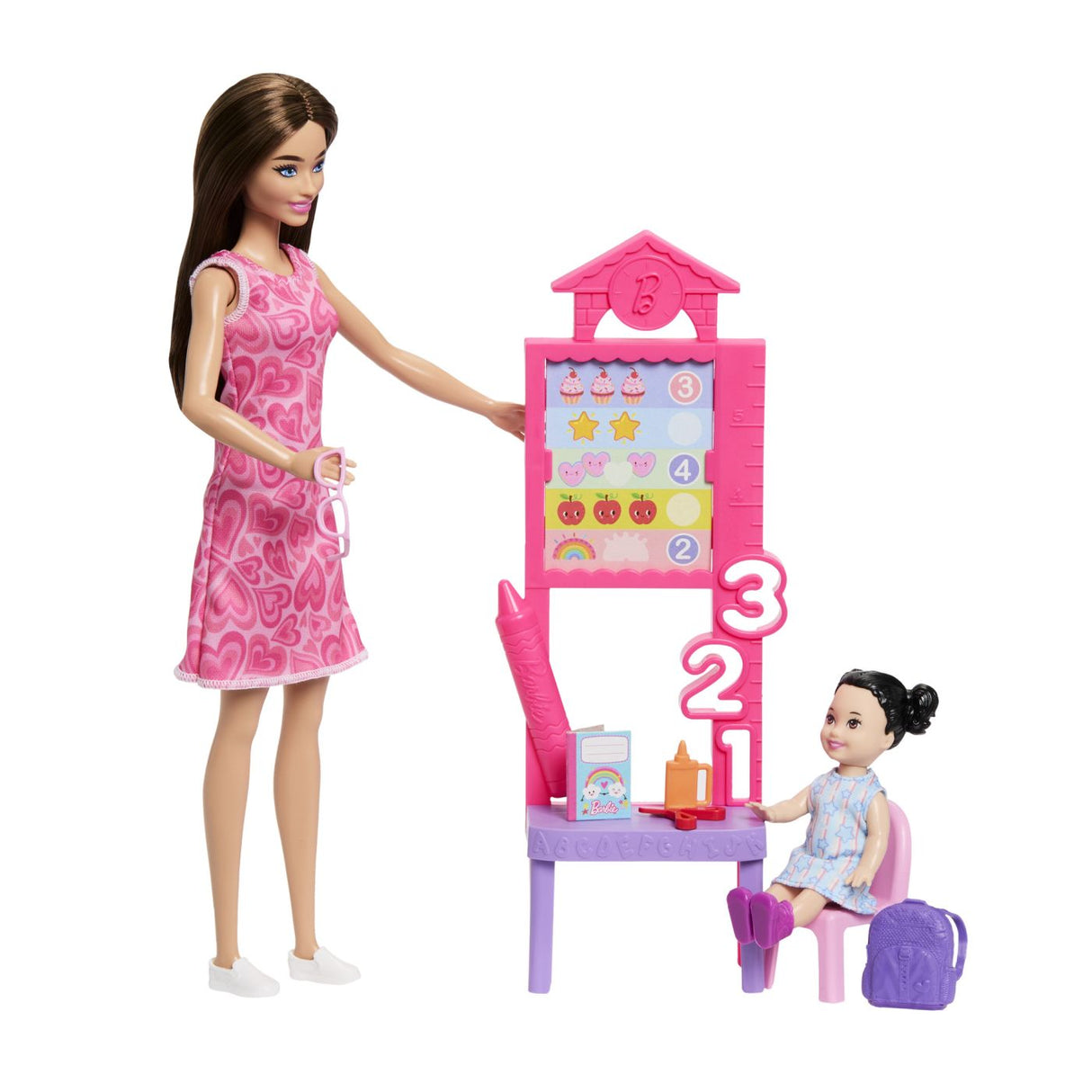 BARBIE SET DE JOACA PAPUSA BARBIE BRUNETA CU ROCHIE ROZ FACE CARIERA PROFESOARA