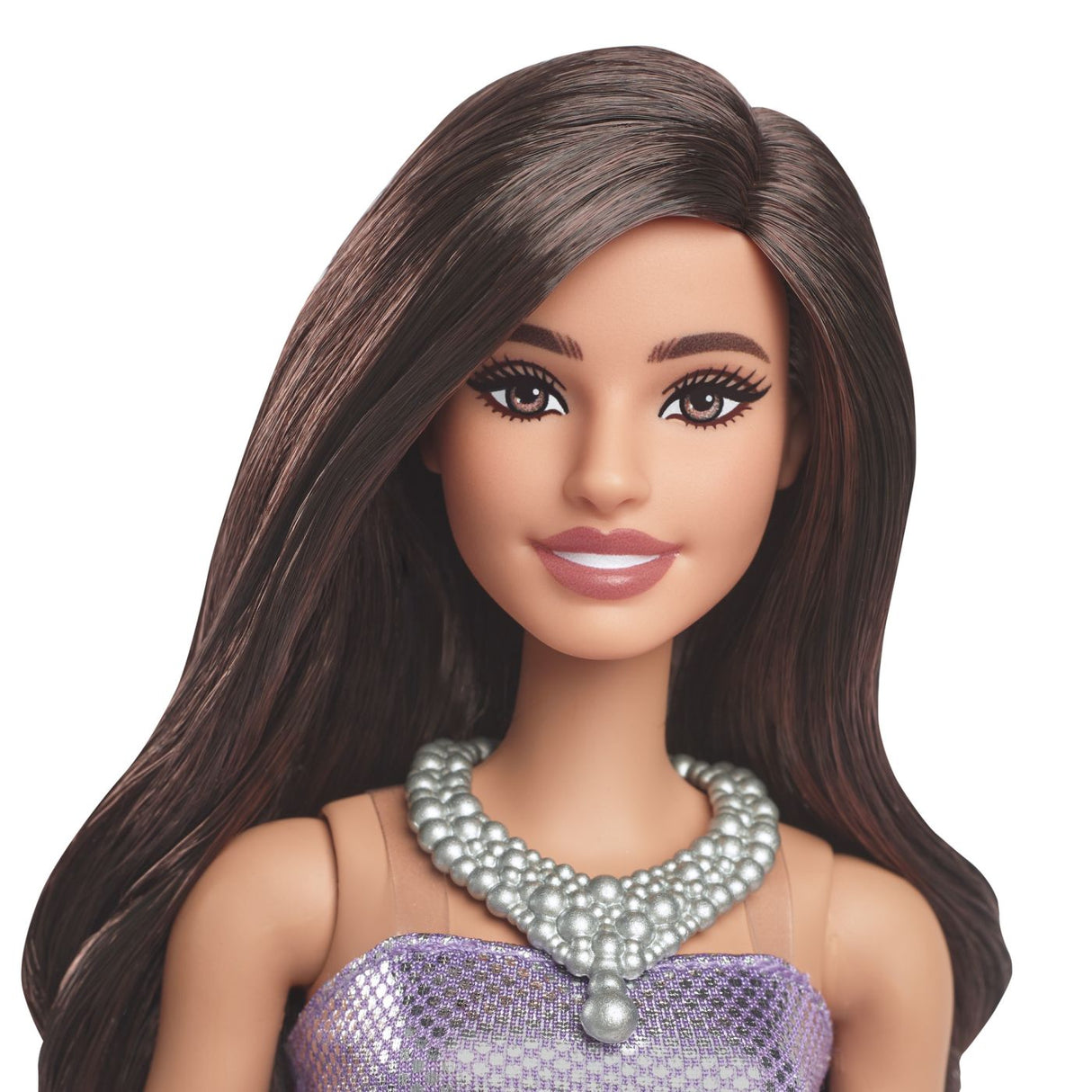 BARBIE FASHIONISTAS PAPUSA BARBIE BRUNETA CU ROCHIE MOV CU PAIETE