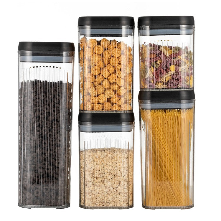 Cutii de Depozitare Alimente, Vivimall, Set din 5 Cutii de tip Container, Recipiente pentru Cereale in Bucatarie, Transparente cu Capac Negru - vivimall.ro