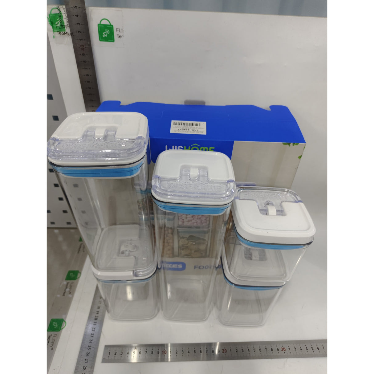 Cutii de Depozitare Alimente, Vivimall, Set din 5 Cutii de tip Container, 1x0.5 l, 2x0.8 l, 1x1.2 l, 1x1.9 l, Recipiente pentru Cereale in Bucatarie, Transparente cu Capac Albastru-Alb - vivimall.ro