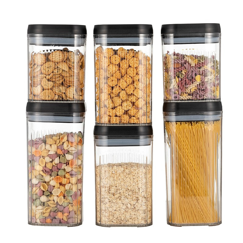 Cutii de Depozitare Alimente, Vivimall, Set din 6 Cutii de tip Container, Recipiente pentru Cereale in Bucatarie, Transparente cu Capac Negru - vivimall.ro
