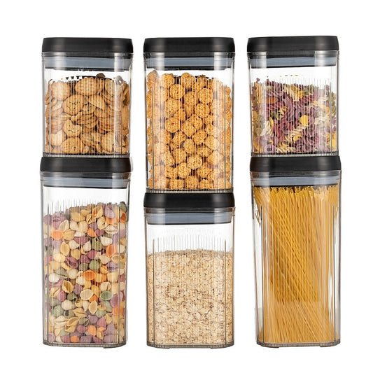 Cutii de Depozitare Alimente, Flippy, Set din 6 Cutii de tip Container, Recipiente pentru Cereale in Bucatarie,  Transparente cu Capac Negru