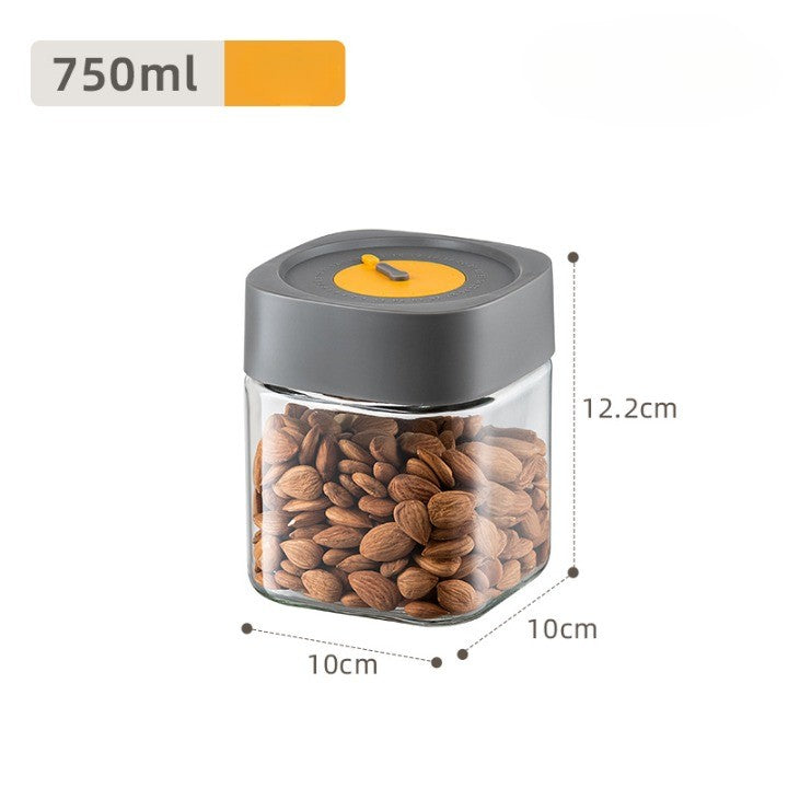 Borcan Alimentar din sticla cu Capac Vid, Vivimall, 750 ml, Inchidere Ermetica pentru Orice Tip de Produse, Design Patrat, 10 x 10 x 12.5 cm, Transparenta cu Capac Gri - vivimall.ro