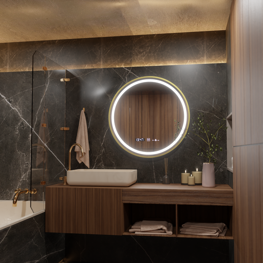 Oglinda Led Rotunda, 60Cm, Celeste Royale Gold Motionglow Marcello, Sistem Dezaburire, Ceas & Termometru - vivimall.ro