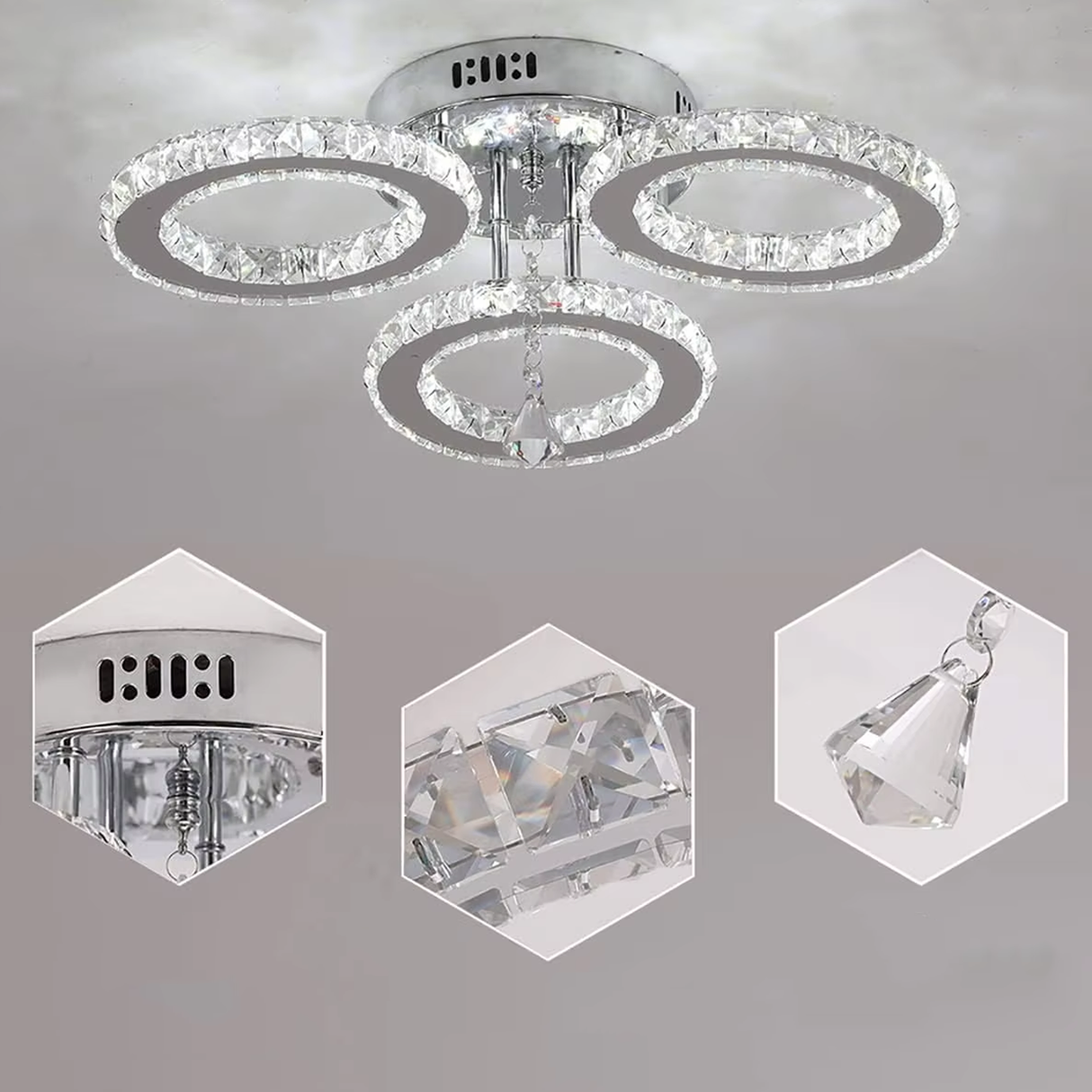 Lustra Led Cu Telecomanda Si Cristal Alanubis, 3 Cercuri, Lumina Rece/Calda/Neutra, Dimabila - vivimall.ro