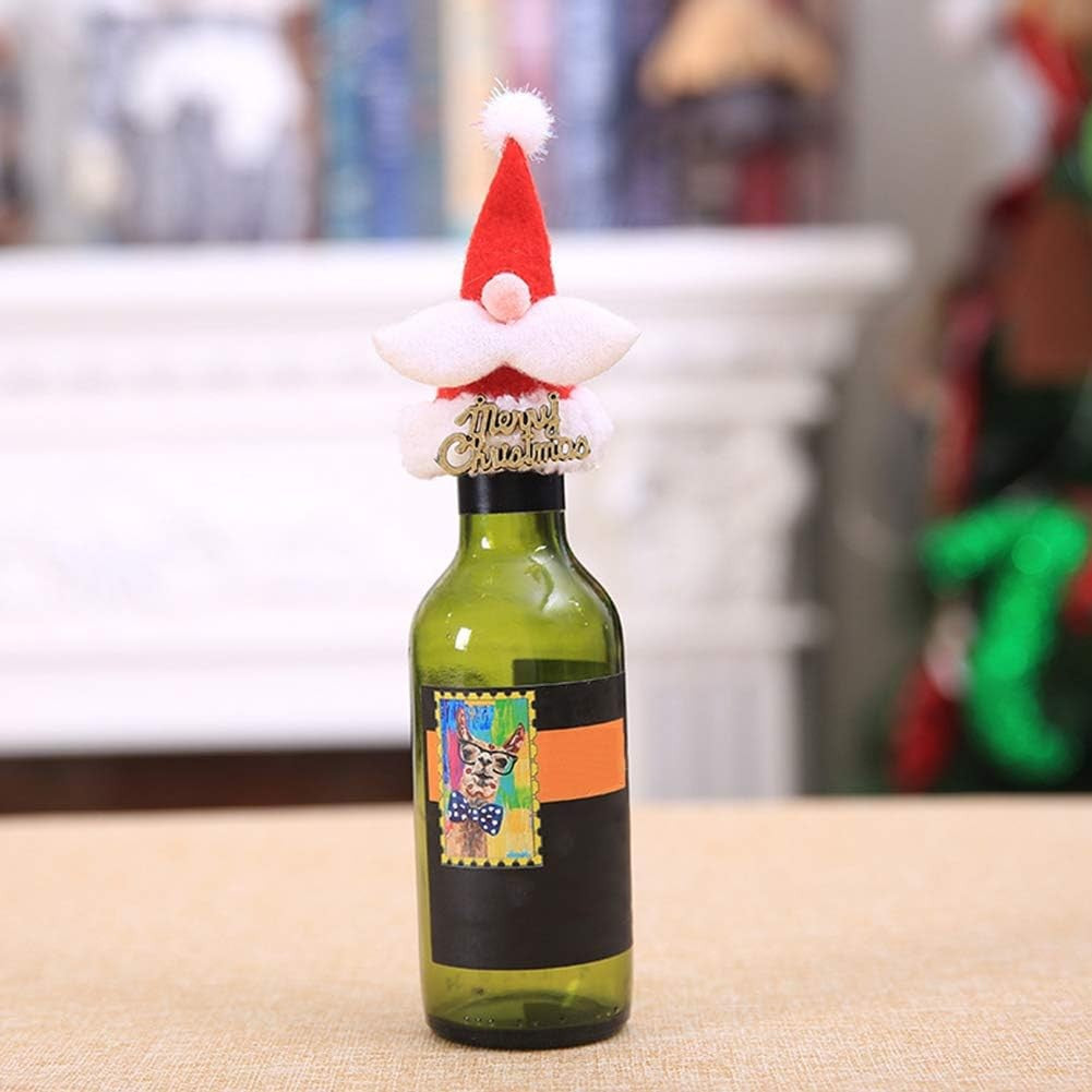 Accesoriu decorativ pentru sticlele de vin, tematica Craciun, caciulita Merry Christmas, material textil/poliester, rosu