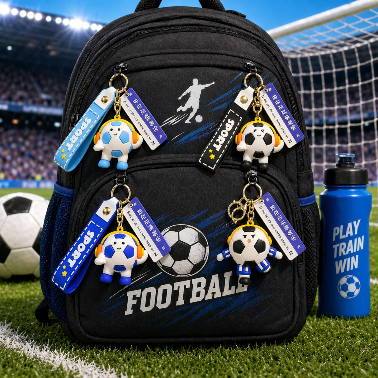 Breloc acril Flippy minge de fotbal cu căști, 50 g, accesoriu pentru chei și ghiozdan