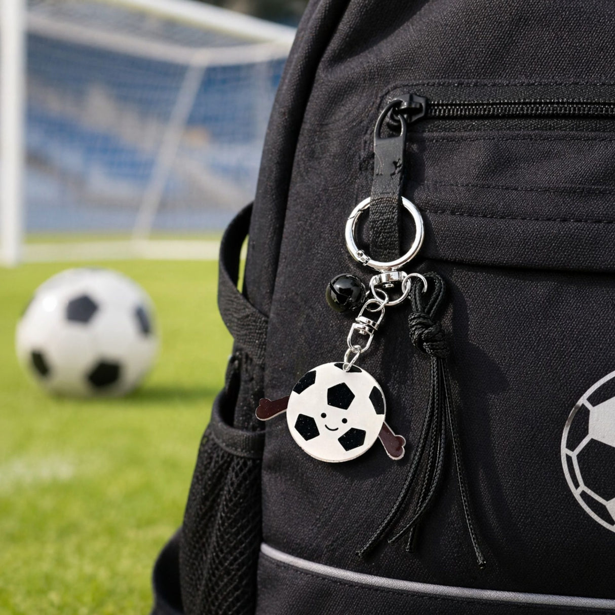 Breloc fotbal Flippy alb negru prins de rucsac, accesoriu sportiv pentru copii și adulți