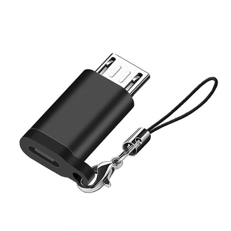 Adaptor USB-C mamă la Micro USB tată, 2,5 cm, negru, cu agățătoare breloc — vedere frontală