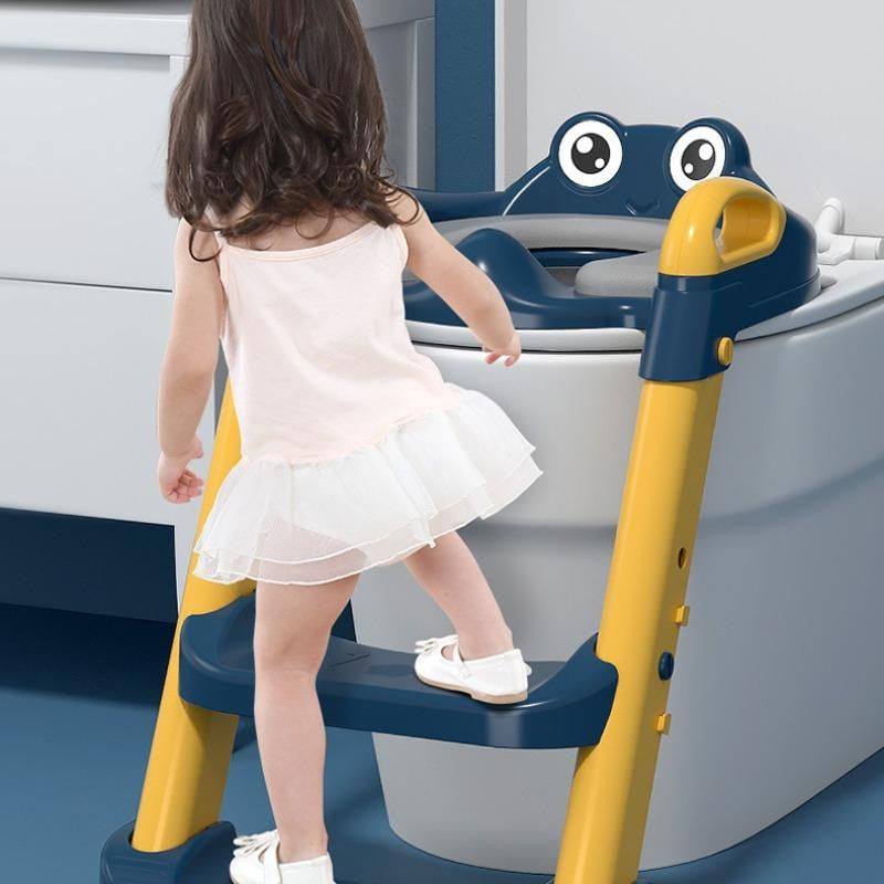 Reductor si Scaunel Inaltator WC, Vivimall, pentru Copii 1 - 7 Ani, 2 Trepte Reglabile, Pliabil, Colac Moale, cu Spatar si Manere, Inaltime 54/58 cm x 39.5 x 35 cm, din Plastic+PVC, Albastru/Portocaliu - vivimall.ro