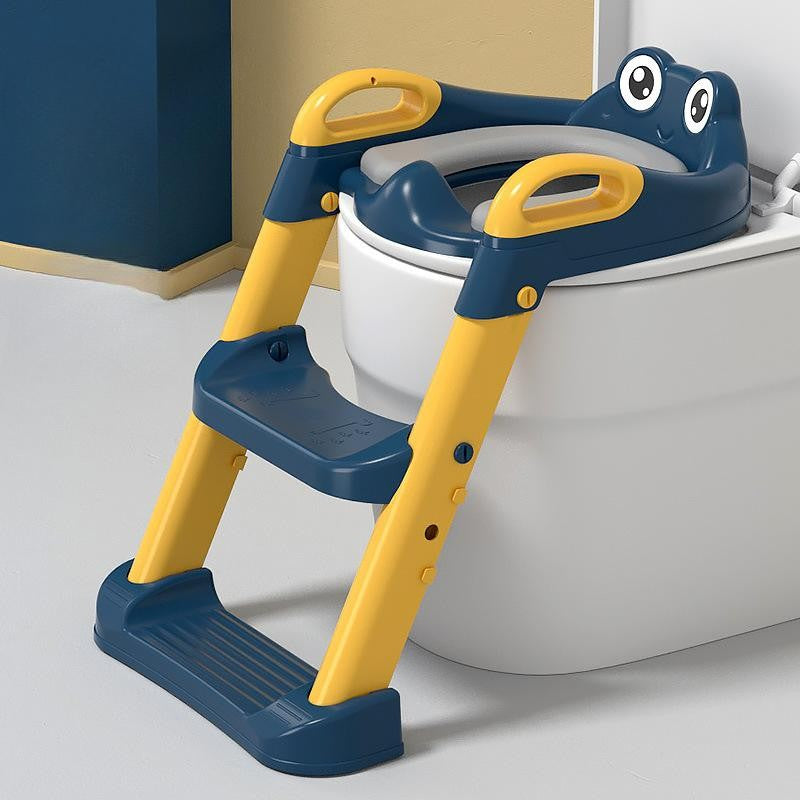 Reductor si Scaunel Inaltator WC, Vivimall, pentru Copii 1 - 7 Ani, 2 Trepte Reglabile, Pliabil, Colac Moale, cu Spatar si Manere, Inaltime 54/58 cm x 39.5 x 35 cm, din Plastic+PVC, Albastru/Portocaliu - vivimall.ro