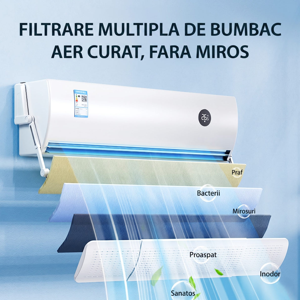 Deflector Flippy Basic în cameră, instalat pe climatizator, protecție curent aer rece sau cald