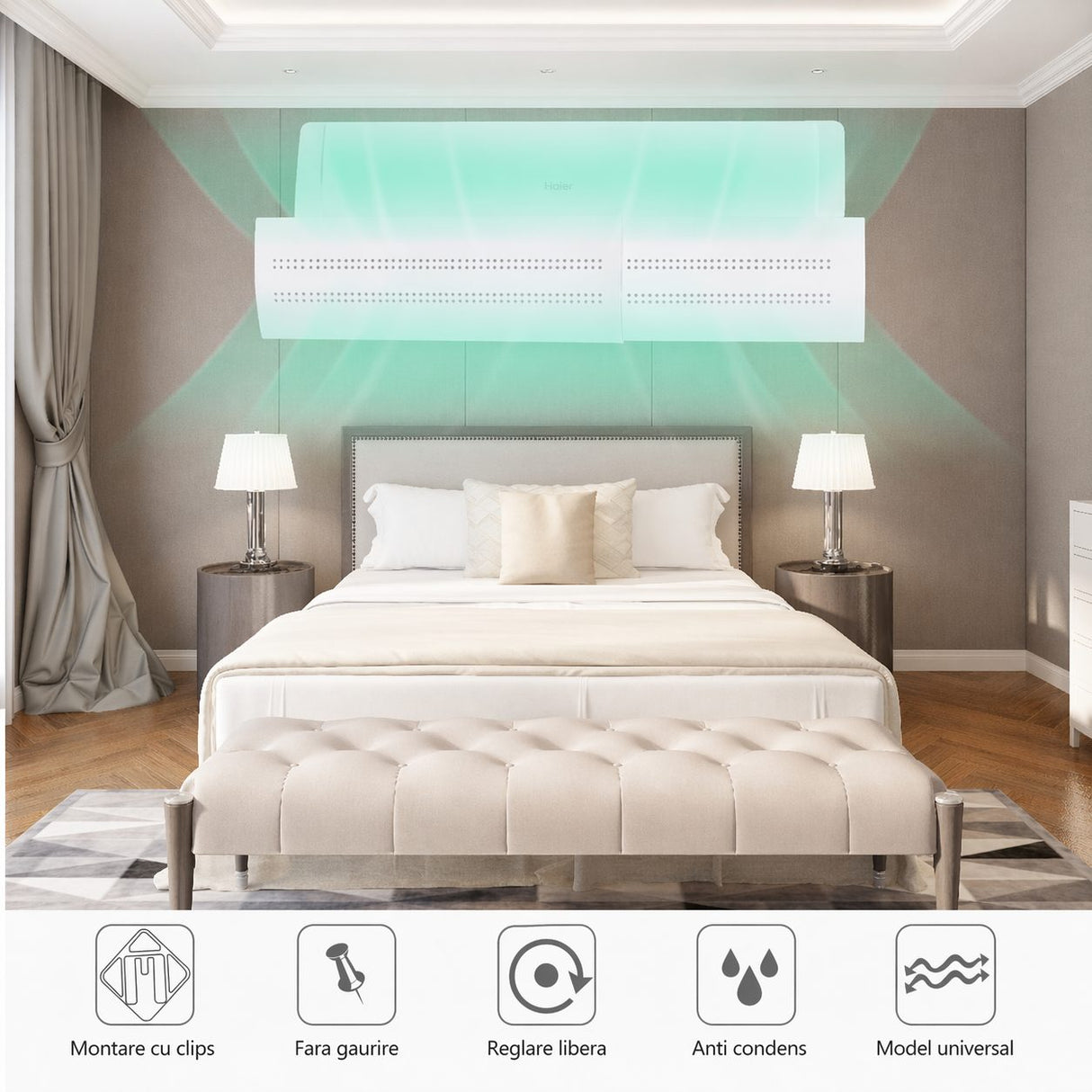 Deflector pentru Aer Conditionat, Flippy, Model M cu Brat Ajustabil si Orificii pe Toata Suprafata, Panou pentru Directionarea Fluxului de Aer - vivimall.ro