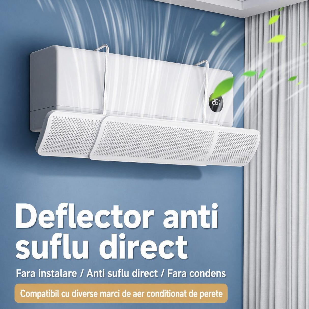 Deflector aer condiționat Flippy alb, conținut pachet, montaj fără scule, vedere de ansamblu