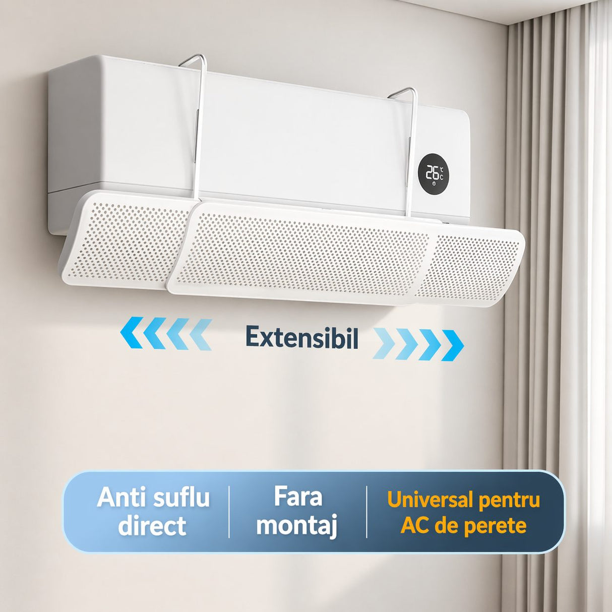 Detaliu mecanism extensibil deflector Flippy, material plastic alb rezistent, lățime 18 cm