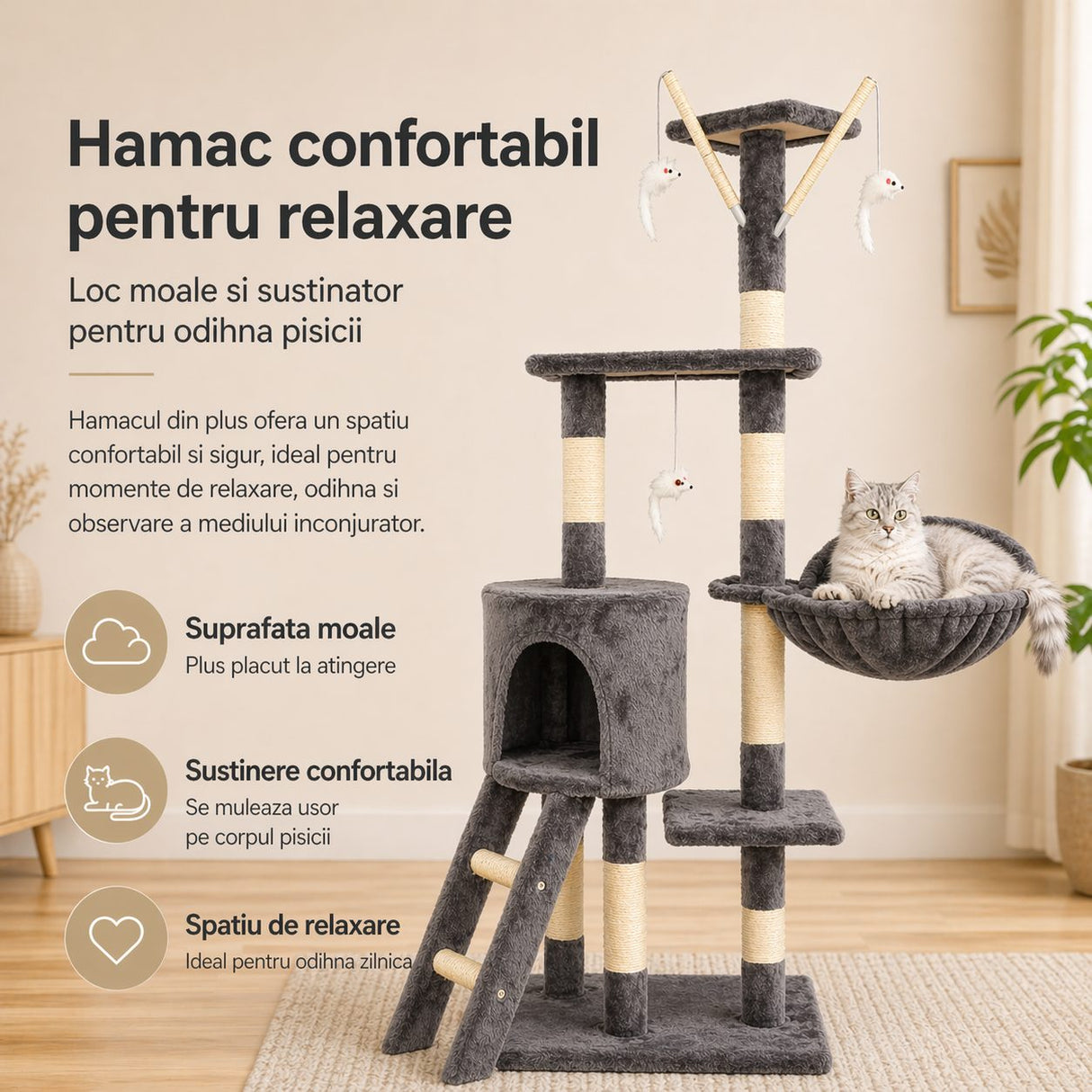 Platforme și scară de cățărare ansamblu Flippy pentru pisici, detaliu structură din lemn natural