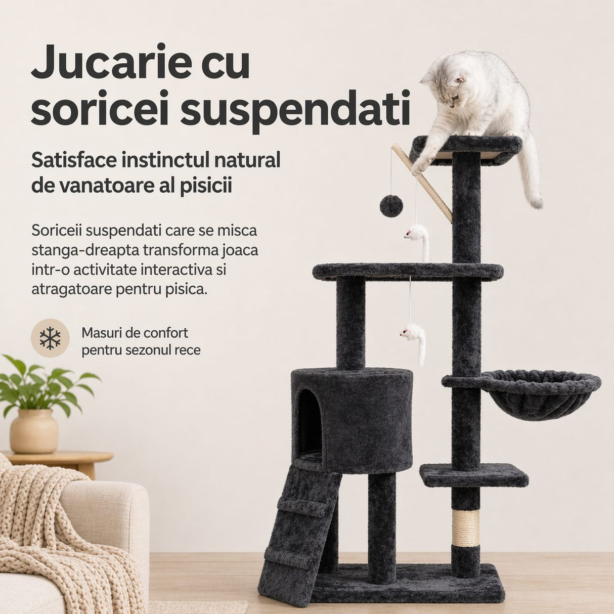 Detaliu platforme și cușcă ansamblu Flippy pentru pisici din lemn negru, structură robustă
