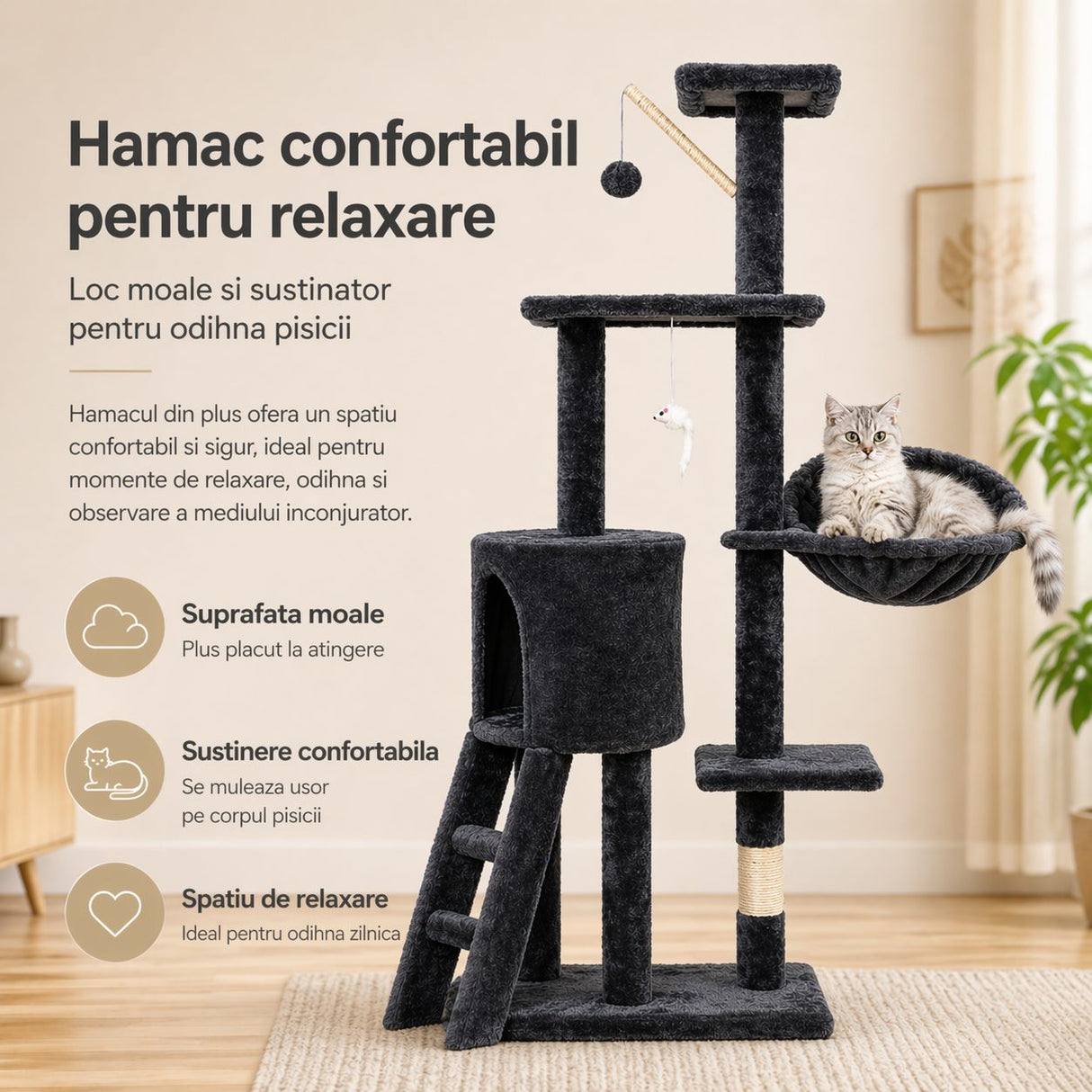 Ansamblu Flippy pentru pisici negru, detaliu îmbinări lemn și platforme de observare superioare