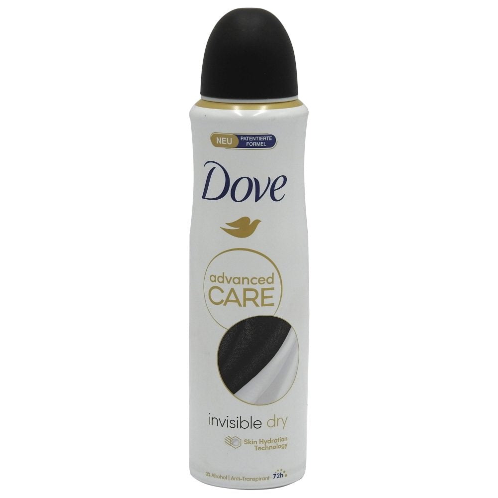 Antiperspirant spray Dove Advanced Care Invisible Dry 150 ml, vedere frontală, flacon alb cu capac