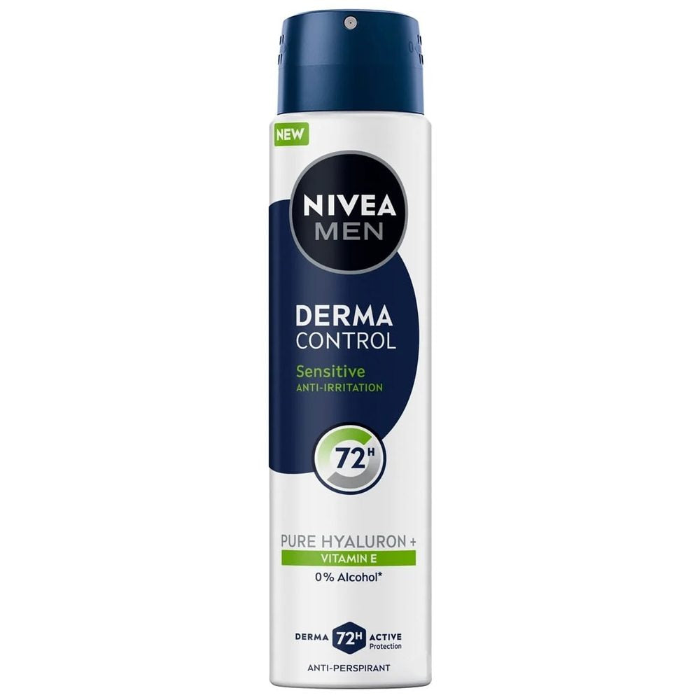 Antiperspirant spray Nivea Men Derma Control Sensitive 200 ml, flacon argintiu, vedere frontală