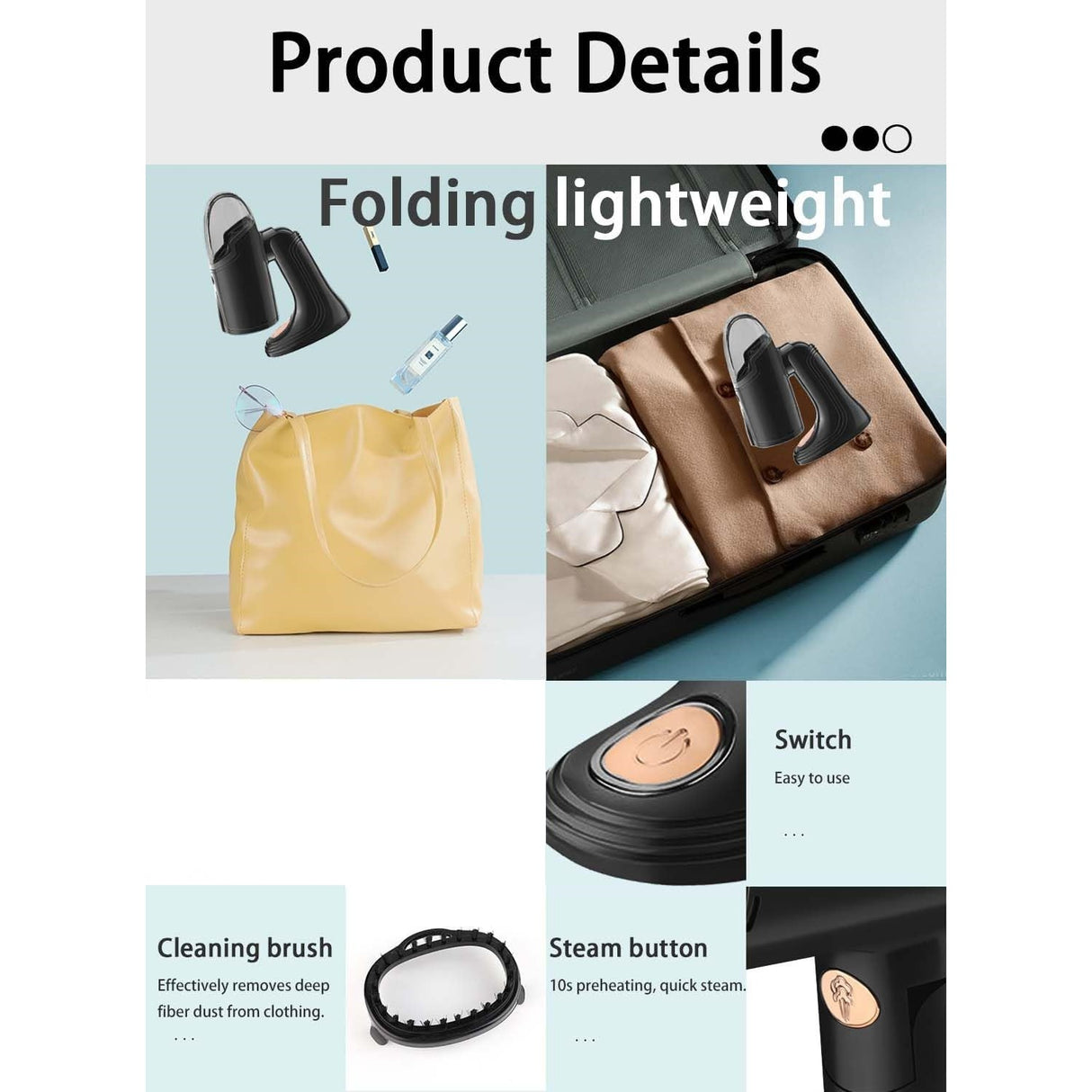 Aparat de Calcat Vertical Portabil cu Abur, Vivimall, Putere 1500W, Rezervor Detasabil de 138ml, Priza, Functie Anti Calcar si Auto Curatare, Pliabil, cu Perie, 20x10.5x8 cm, Negru