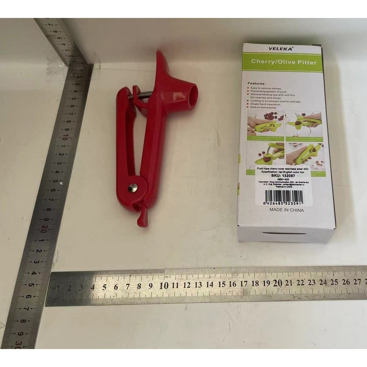 Dispozitiv de Scos Samburi, Vivimall, Manual, cu 1 Gaura, pentru Cirese/Masline, 20.5 x 3.8 x 13 cm, din ABS+Otel Inoxidabil, cu Maner, Rosu - vivimall.ro