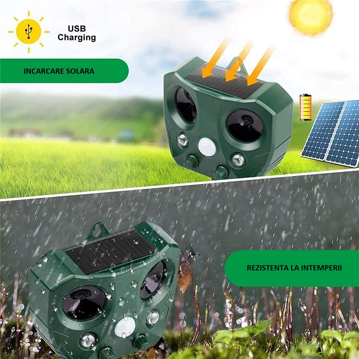 Aparat Solar LED cu Ultrasunete, Vivimall, Repelent pentru Animale Mari si Mici, Lumina Rosie si Alba, Anti Rozatoare, Anti Insecte, 15 x 14 x 24 cm, Verde - vivimall.ro