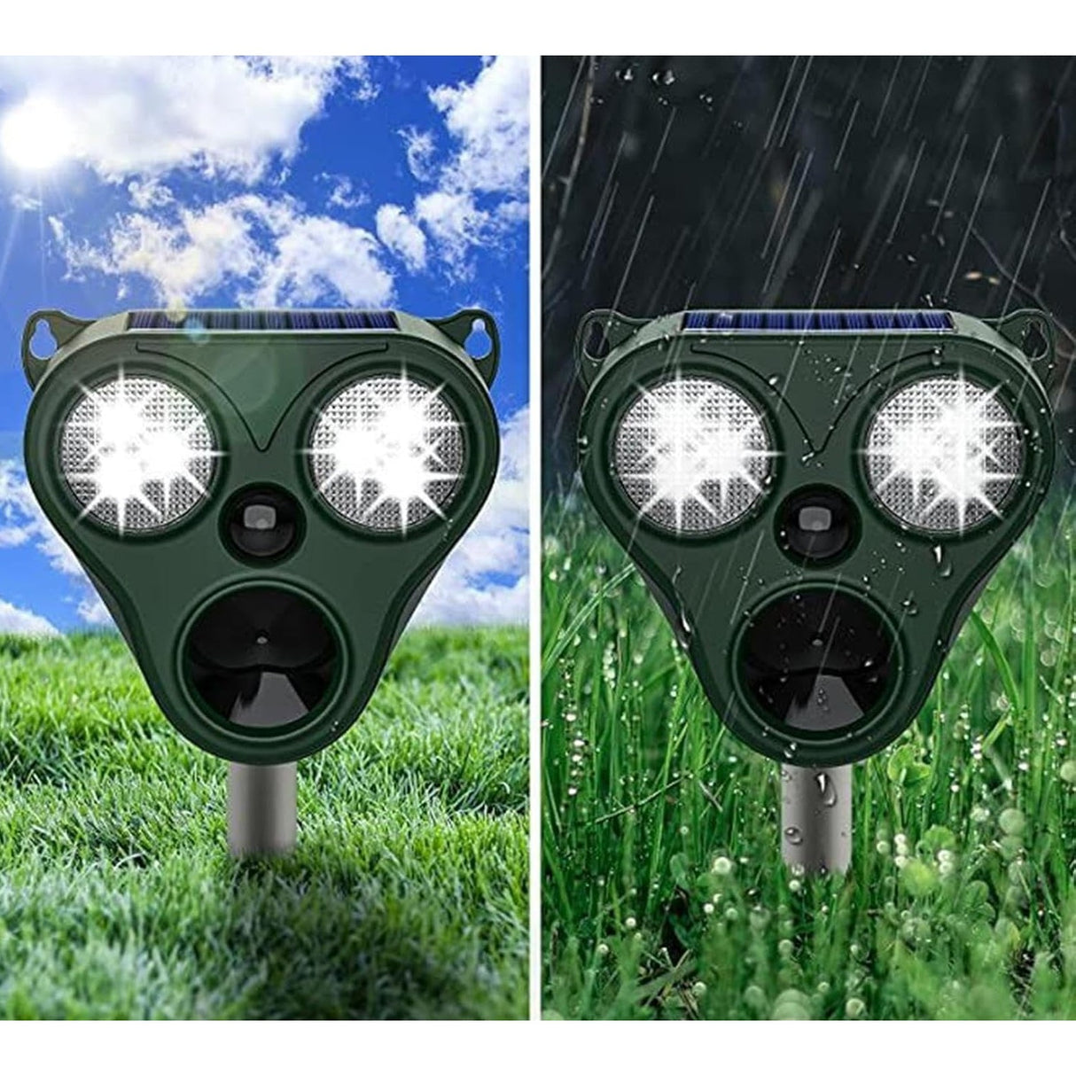 Aparat Solar LED cu Ultrasunete, Vivimall, Repelent pentru Animale Mari si Mici, Lumina Rosie si Alba, Anti Rozatoare, Anti Insecte, Frecventa 13.5KHZ-65 KHZ, Senzor PIR, 13 x 14.7 x 24.5 cm, Verde